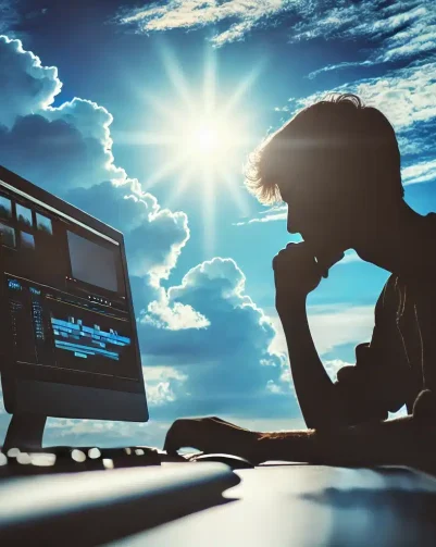 DALL·E 2024-06-27 17.55.11 - Silhouette of a young but not too young video editor sitting at a computer, visibly editing a video. The background shows a partly cloudy, sunny sky w